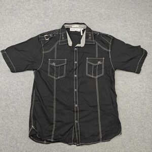 Franky Max Shirt Mens XL Black Embroidered Striped Cotton Short Sleeve Button Up